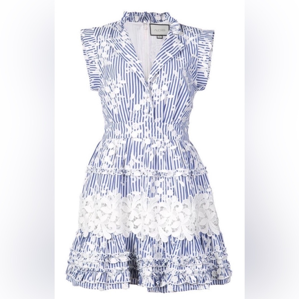 NWOT Alexis Olya Striped Embroidered Ruffled Mini Dress Blue White Size Small